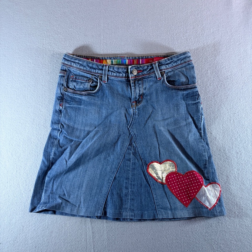 Seven7 Skinny Ambition Denim Mini Skirt Heart Patches Size 28 Medium Wash Y2K